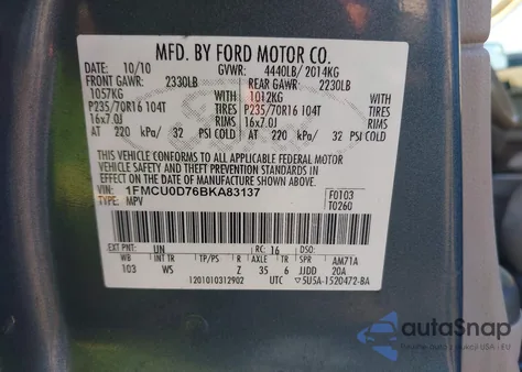 2011 Ford Escape Xlt z USA, uszkodzony, nr VIN 1FMCU0D76BKA83137